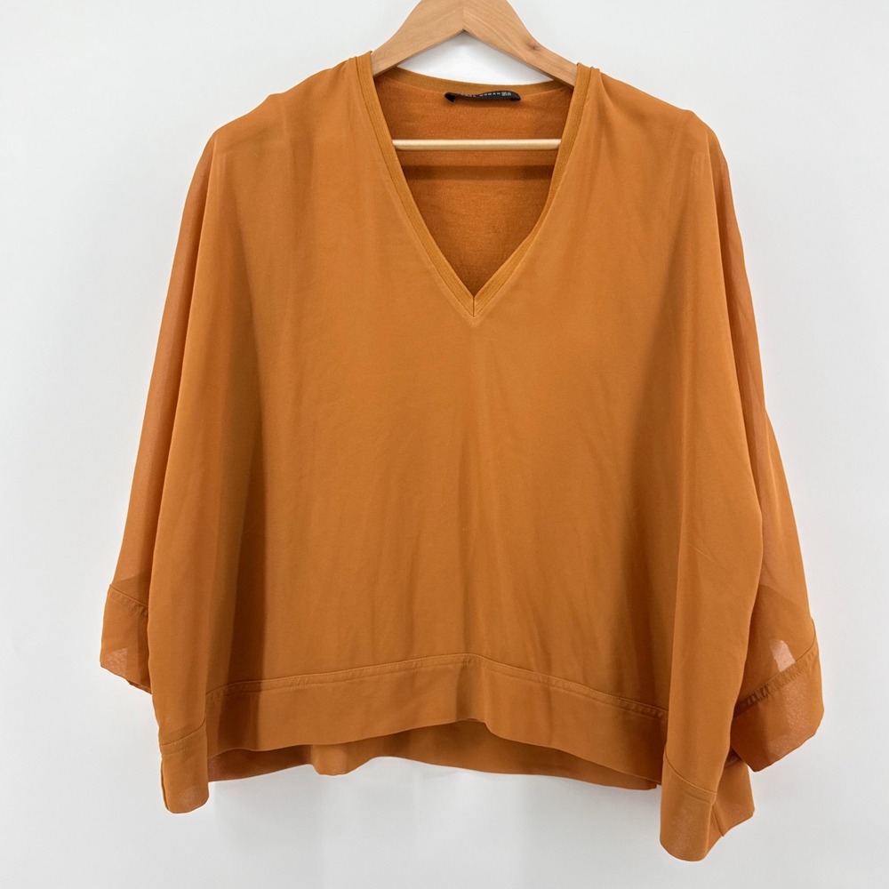 ZARA WOMAN Rust Color V-Neck Batwing‎ Sleeve Oversized Top XL Sheer w/ Lining